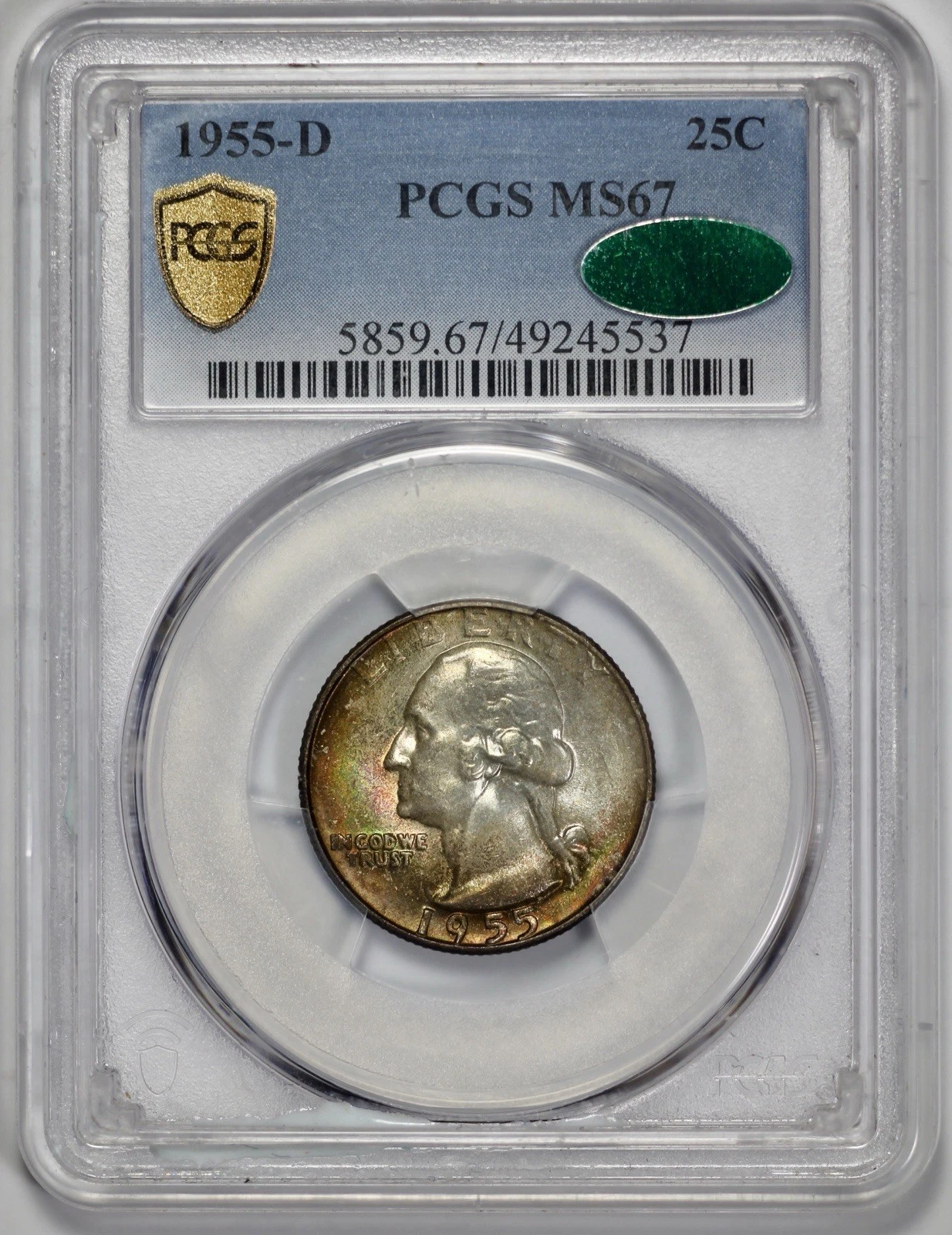 1955-D Washington 25c Silver Quarter PCGS MS 67 Olive Gold Iridescent Toning