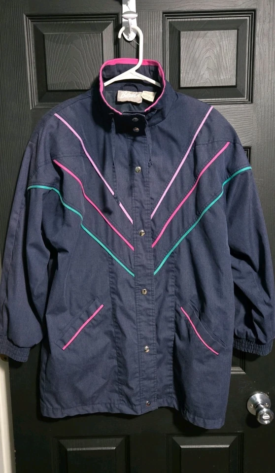 Abrigo Blair Años 80 Vintage Azul Marino Pastel Rosa y Verde Azulado Borde Mujer Talla Grande Foto 2 de 4