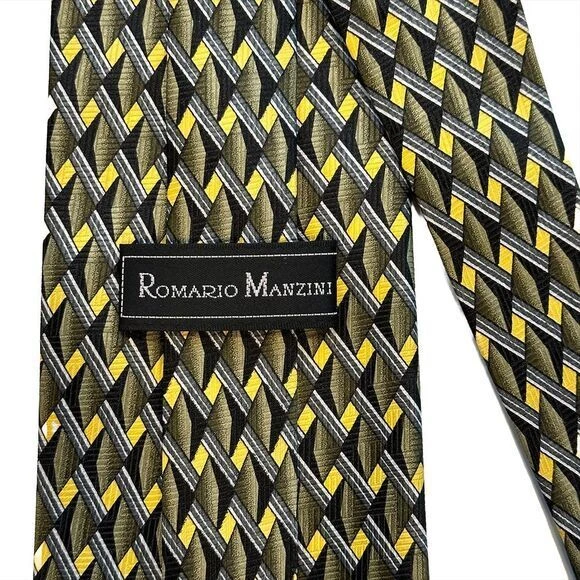 Corbata ROMARIO MANZINI Hombre Patrón Diamante 3.75" - 100% Seda - Oliva Negro Amarillo Foto 2 de 4