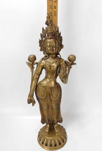 Vintage Gilt Bronze BODHISATTVA Female Buddhist Deity Standing Green TARA 20in. - Picture 17 of 20