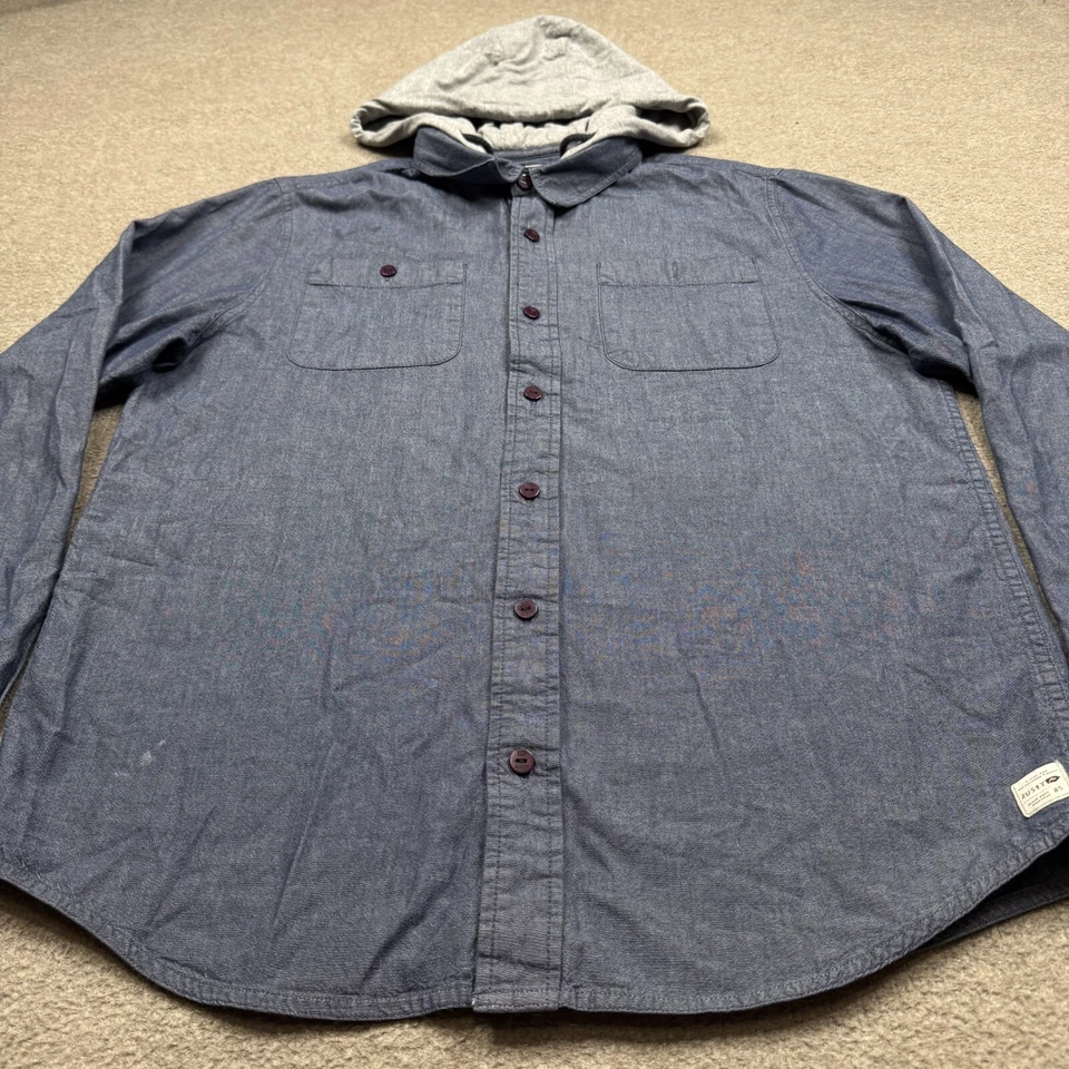 Rusty Surfboards Button Up Shirt Size L Blue Long Sleeve Hooded Outdoor Surfer - Image 3 of 4