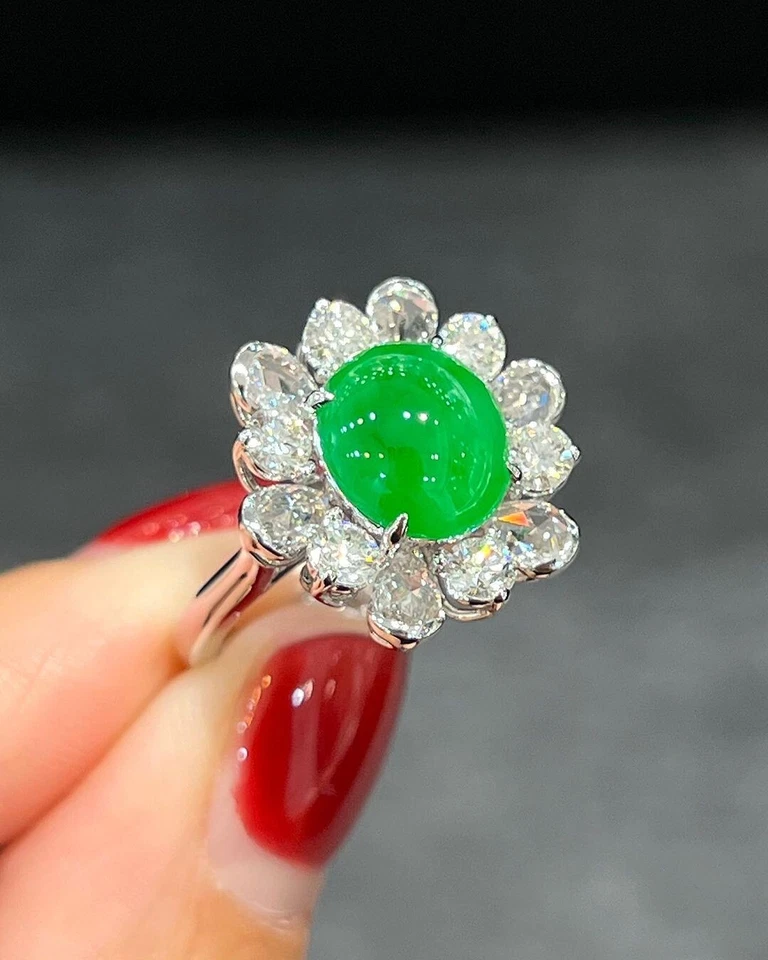 4.36Ct Round Cut Natural Green Jadeite Diamond Engagement Ring 14K White Gold 7 - Image 4 of 4