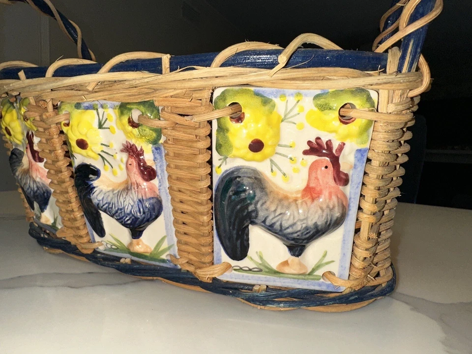 Wicker Basket with Handles Ceramic Tiles Of Chickens Farmhouse Style - Image 2 of 4