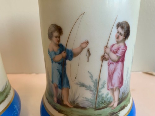 PAIR OF ANTIQUE HAND PAINTED FRENCH CACHE POTS VASES CHILDREN FISHING HUNTING - Picture 7 of 8