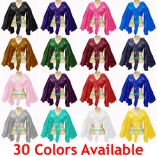 Satin Wrap Top Blouse Choli Flair Sleeve Belly Dance Gypsy Tribal Oriental Shiny