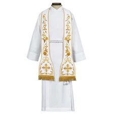 Chruch Overlay Stole Roman Style Two Tone Fully Embroidery 8.5 x 92 In Off White