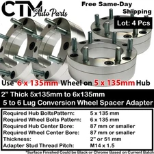 4x 2" Thick 5x135 to 6x135 Wheel Adapter Old F150 Navigator Expedition 12x1.75