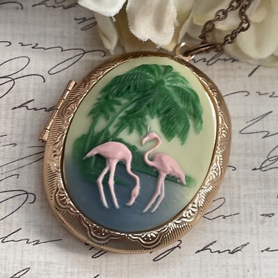 Pink Flamingo Beach Vacation Photo Locket Keepsake Rose Gold Gift Birthday new