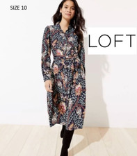 S 10 LOFT Navy Floral Multicolor Tie Waist Long Sleeve Midi Shirt Dress