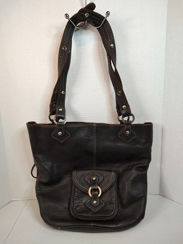 Lumi Finland All Genuine Leather Tote Purse Bag Dark Brown Suede Metal Accent