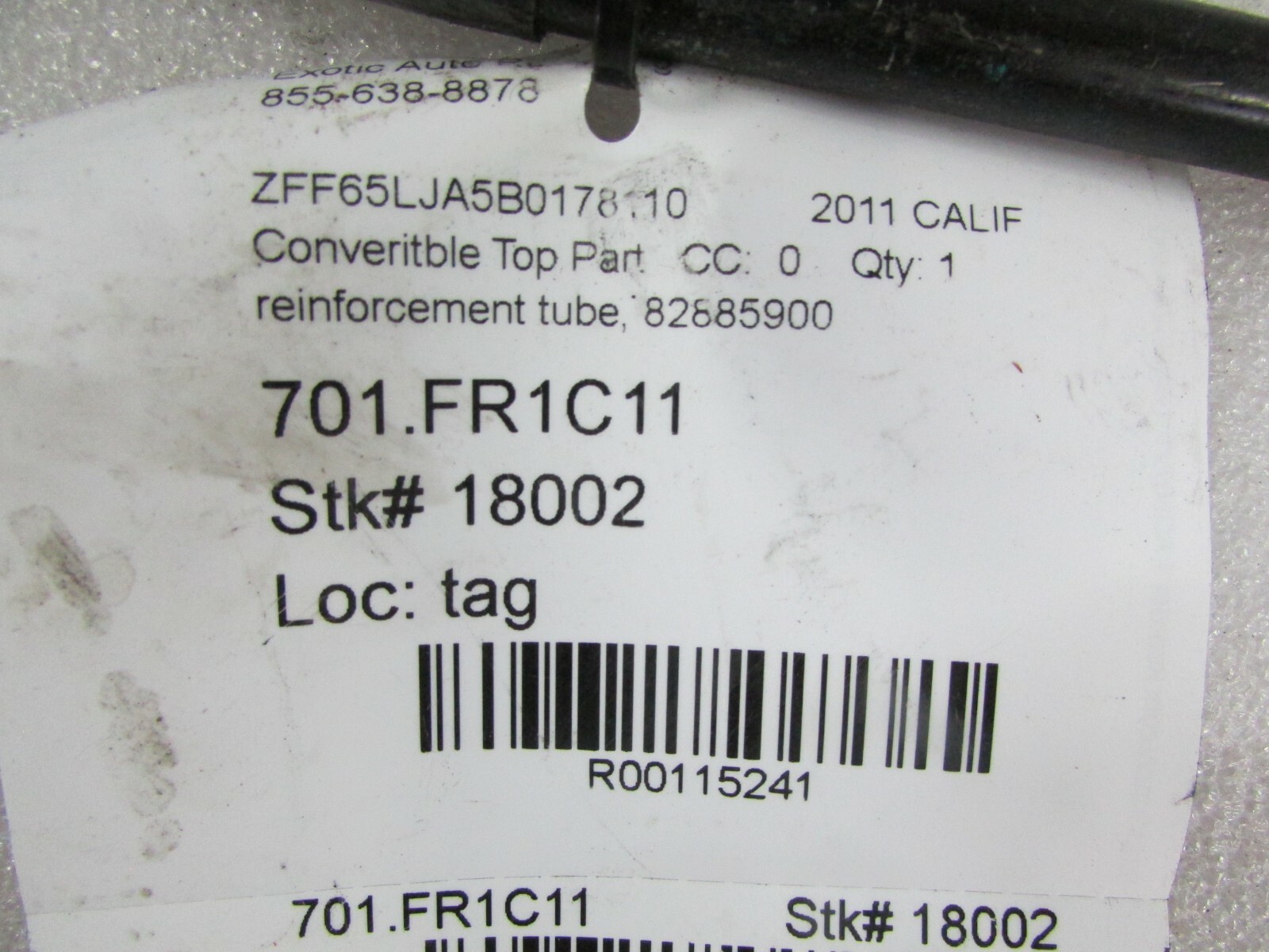 Ferrari California, Convertible Top Reinforcement Tube, Used, P/N 82885900