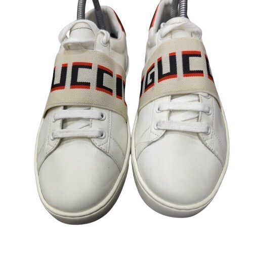 Gucci White New Ace Elastic Band Leather Flat Low Top Lace Sneakers Size 44 EU - Picture 4 of 13