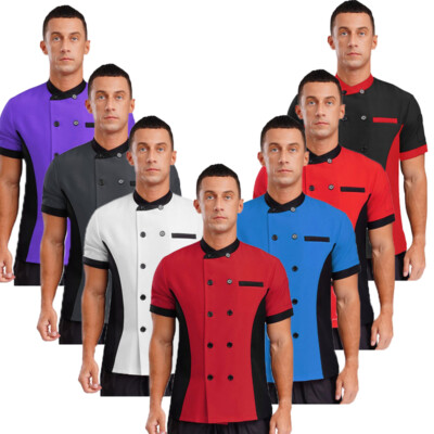 US Men Women Short Sleeve Chef Coat Jacket Color Block TShirts Uniform Top
