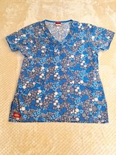 Dickies Scrub Top Shirt Women's Sz XS Blue Floral Short Sleeve Pockets Medical
