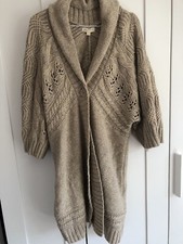 MONSOON Beige Angora Wool Blend Cable Knit Long midi Cardigan Coatigan Sz Large