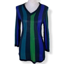 Philosophy Striped Knit Tunic Top Size S Blue Green Black V Neck Retro Y2K