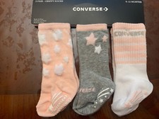 Converse 3-Pack White Pink  Gray Grippy Socks Baby Girl 6-12Months FREE SHIPPIN