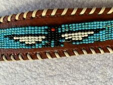 VTG Thunderbird Belt Unisex 34  Leather Hand Beaded Laced Brass Hong Kong FLAWS