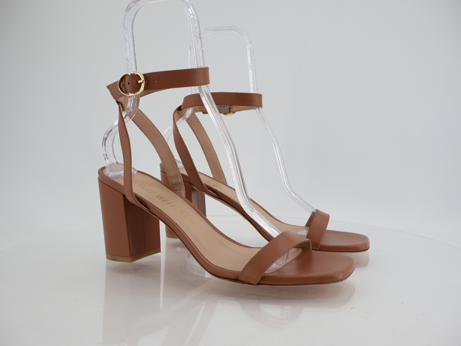 APL Sandali Stuart Weitzman quasi nudi marroni 75 mm tacco a blocco misura 11B pelle marrone