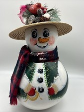 Large Gourd Christmas Snowman Hand Painted Folk Art Signed 16"