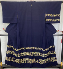 Japanese Vintage Kimono Silk Navy Family Crest Traditional Authentic Length 59in