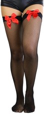 Womens Satin Bow Fishnet Thigh Highs - Black/Red - One Size