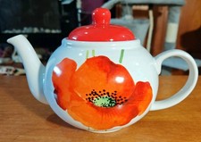Rayware Alpine Poppy Large Teapot  Fine Stoneware Red and White 