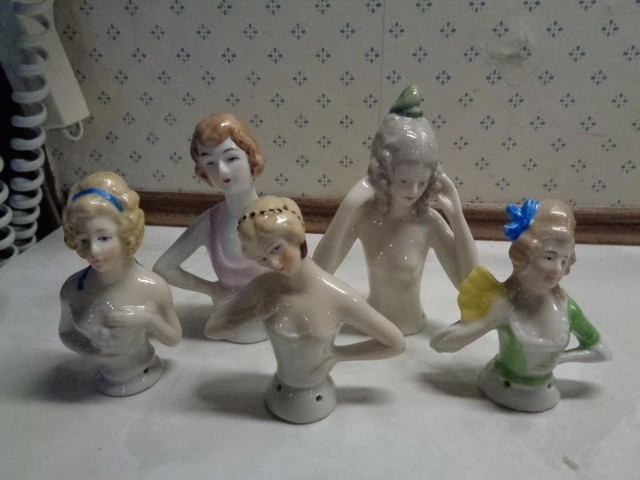 GREAT LOF OF 5 VINTAGE GERMAN PORCELAIN HALF DOLL LADY FIGURINES  3" - 5"