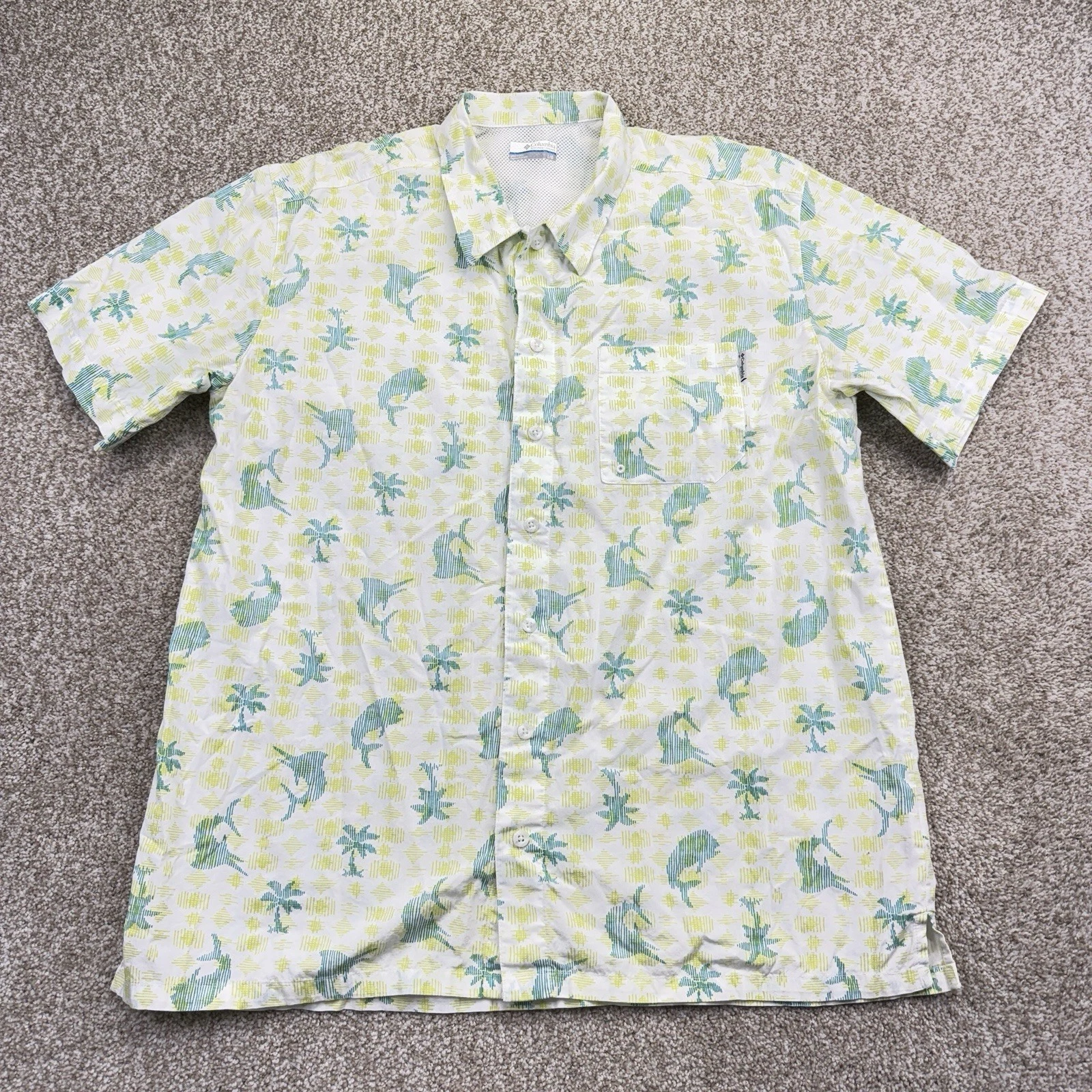Columbia PFG Vented Shirt Mens Large White Green Allover Fish Palm Short Sleeve