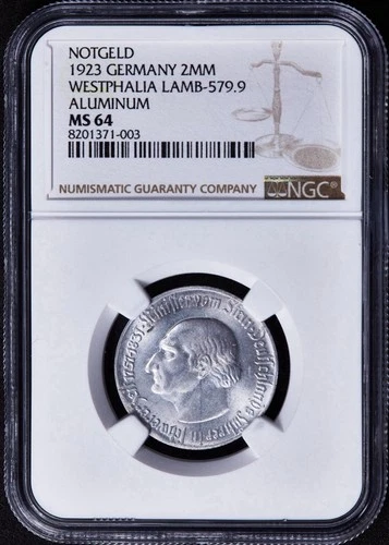 1923 Germany Westphalia 2 Million Mark Lamp-579.9 NGC MS64 Aluminum NOTGELD