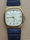 Vintage Timex Automatic Mens Watch Cream Dial Gold Tone Date Rubber Strap
