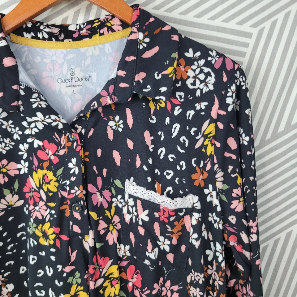 Cuddl Duds Nightgown Sleep Shirt Size Large Henley Pullover Floral Midi Stretch - Image 3 of 4