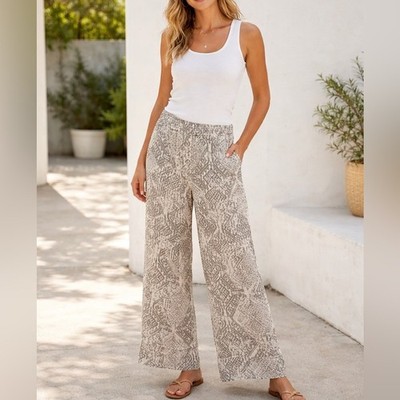 Match Point Linen Raw Hem Wide Leg Pull On Pants Size Small