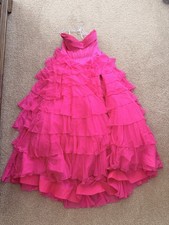 Pink Organza Layered Ruffle Sweetheart Strapless Hi-Low Ballgown Prom Dress