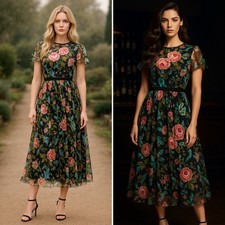 Mac Duggal Floral Illusion Cap Sleeve Midi Dress Black Multi Sheer NWT Size 6