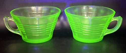 2 Uranium / Vaseline BLOCK OPTIC COFFEE CUP Green Depression Glass Free Shipping