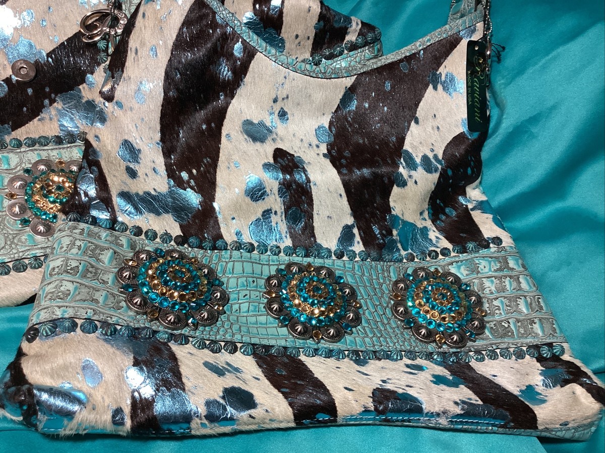Raviani Turquoise Croco Leather and Zebra Print Hair~DOCTOR BAG +