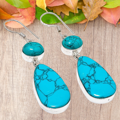 Santa Rosa Turquoise Gemstone 925 Sterling Silver Earring 2.36 " W600 - Picture 2 of 7