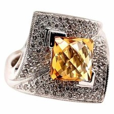 Stunning Modern 925 Silver 3.61CT Square Yellow Citrine  Pave Set CZ Fine Ring