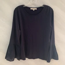 Ann Taylor Loft M Navy Blue Long Bell Sleeve Pullover Blouse Office