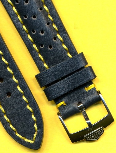 Blue Rally Perforated Leather MB Strap Yellow Stc, 20 22mm, Pre TAG Heuer Buckle - Picture 3 of 5