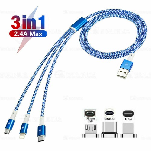 3 in 1 Multi USB Cable Fast Charger Type C Lead For IOS, Samsung Phone