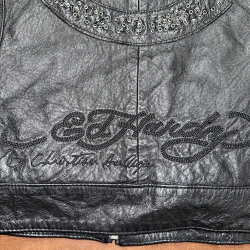 NWOT Y2K Vintage Ed Hardy Black Leather Skull Studded Crystal Moto Jacket M - Picture 3 of 8