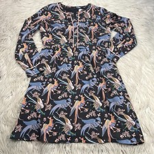 LOFT Women's 4P Bird Print Smocked Dress Long Sleeve Peacock Peasant