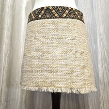 New Zara Trf Stunning Waist Embroidery Detail, Beige Tweed Mini Skirt, Fringe. M