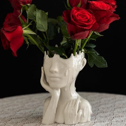 White Ceramic Face Vase for Flowers, Female Form Half Body Bust Face
