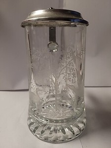 Etched Glass Lidded Tankard Beer Mug Ducks Hunting Wildlife Italy W. Germany Bar