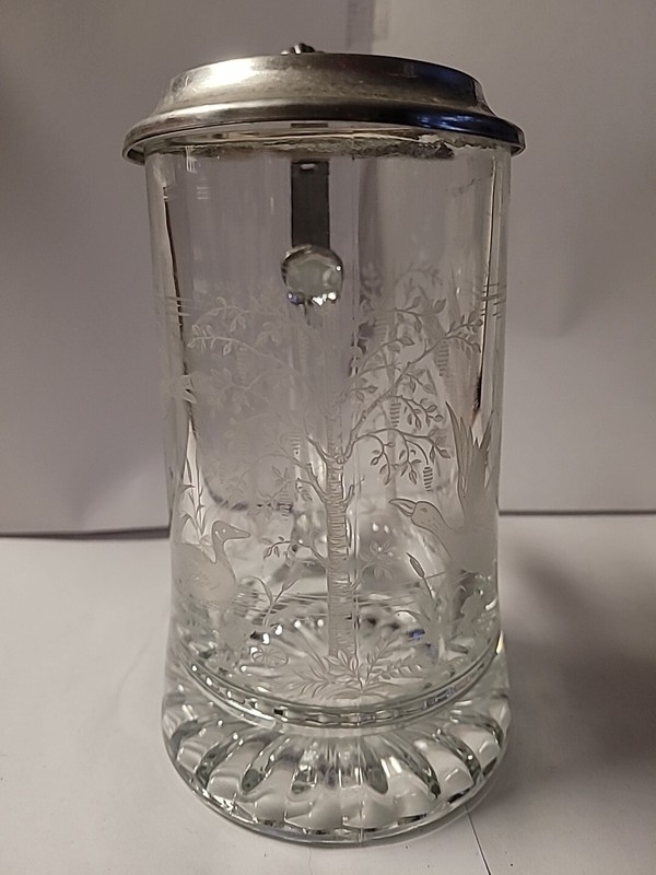 Etched Glass Lidded Tankard Beer Mug Ducks Hunting Wildlife Italy W. Germany Bar
