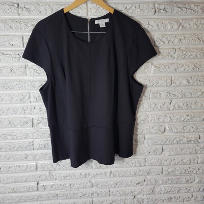 Liz Claiborne Women's 3X Plus Black Blouse Zip Front Cap Sleeve Stretch Office