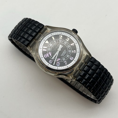 Reloj de pulsera Swatch edición musical Black Awake Made In Swiss reloj vintage SLN102 - Imagen 7 de 8